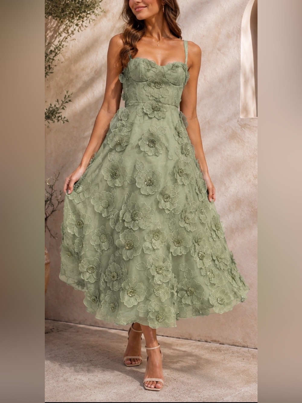 NEW Dress The Population green floral 3d fit and flare midi Sz XS